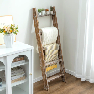 MyGift Decorative Ladder Shelf, 4.5 Foot Wall Leaning Wooden Towel Blanket Ladder Storage Rack for Bathroom or Living Room, Torched Brown Wood