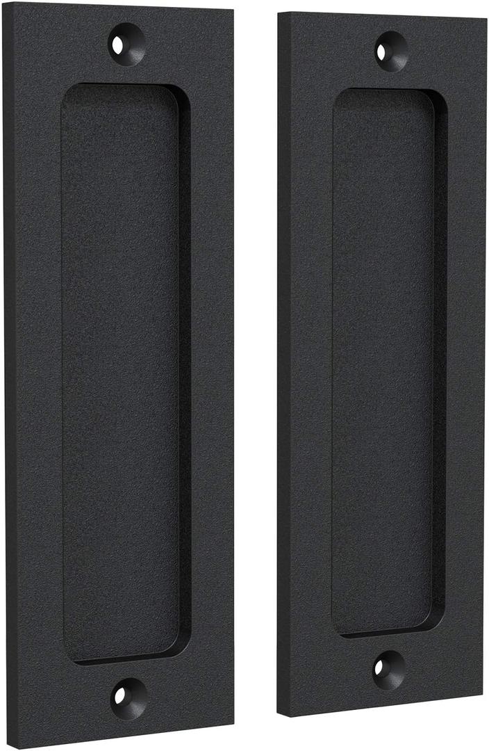 6" Finger Flush Pulls for Closet Pocket - Sliding Barn Door Handle Set - Pull Recessed Handle Rectangular Plate - Farmhouse Rustic Style - Matte Black - 2 Pack