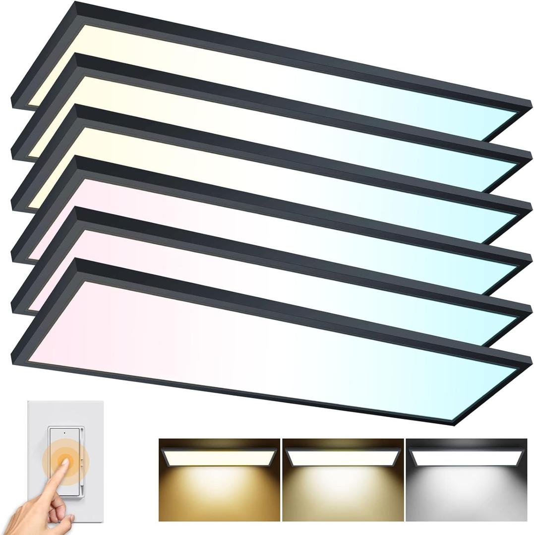 AIKVSXER 6PACK 1x4 LED Flat Panel Light Surface Mount LED Ceiling Light, 5500LM 50W TRIAC 10-100% Dimmable, 3000/4000/5000k AC120V Kitchen Lights Ceiling Flush Mount for Garage/Basement Black