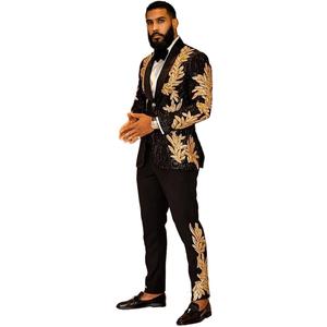 Men's Suit 2 Pieces Blazer and Pants Black with Gold Applique Fit for Wedding Prom (3X-Large)