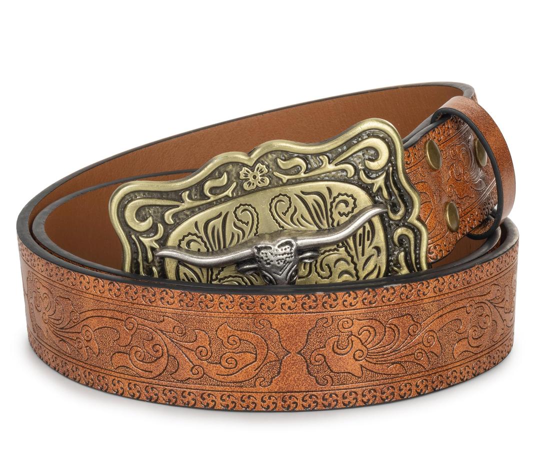 Mealah Western-Cowboy-Belts for Men/Women with Longhorn-Bull-Buckle