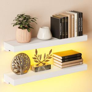 BAMEOS Floating Shelves with LED for Wall Decor, Sturdy Shelves with Warm Light, Wall Mounted Display Shelves, Set of 2, Hanging Shelf for Bathroom, Bedroom, Kitchen, Living Room Storage, White, 24 x 6