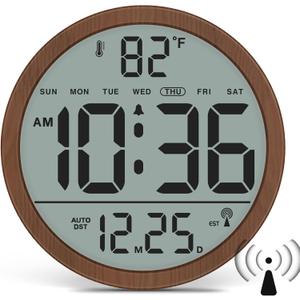 WallarGe Atomic Wall Clock - Never Needs Setting, Digital Wall Clock Battery Operated with Date, Temp, DST, Self-Setting Time, Easy to Read 8 Inch Display for Bedroom, Living Room, Home, Office