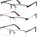 JJWELL 3 Pack Mens Reading Glasses Blue Light Blocking, Metal Rectangle Semi Rimless Readers for Men, Anti Eyestrain/Computer Glare/UV, Half Frame Spring Hinge Eyeglasses with Pouches(3.25) (Black Gunmetal Gold)