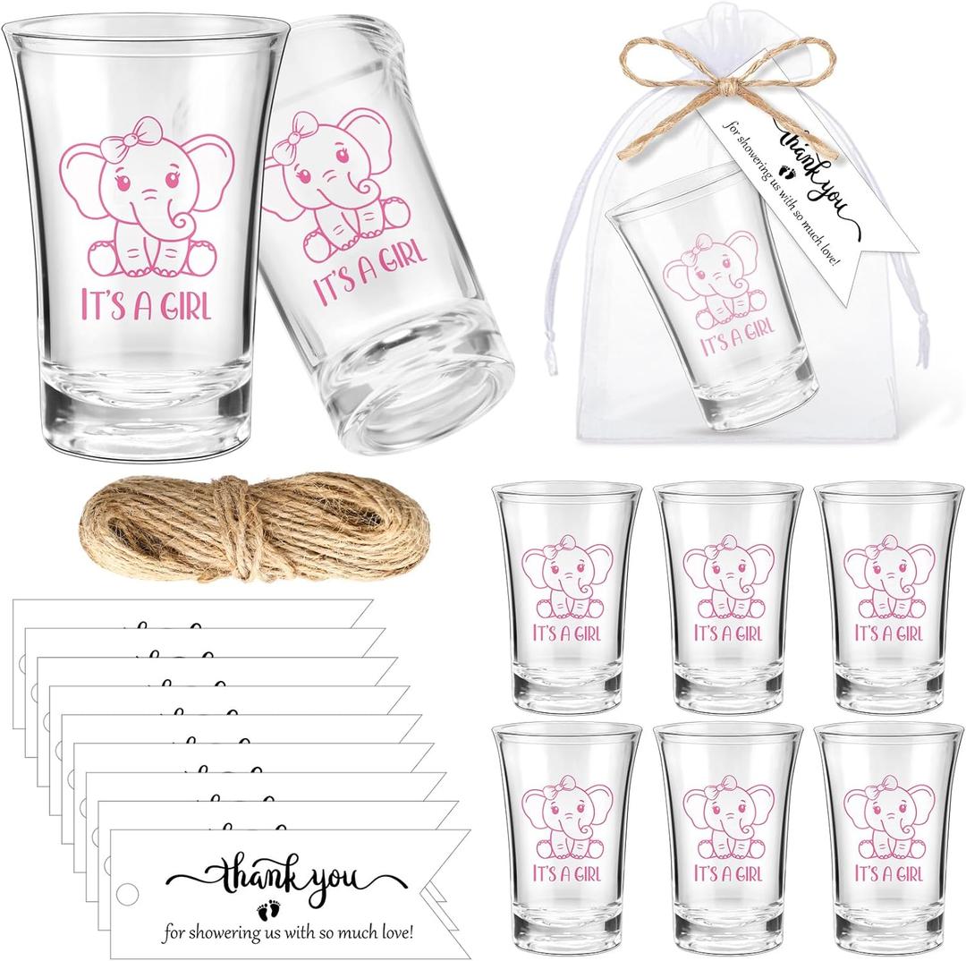 Pickmesh 25 Sets Baby Shower Party Gift Bulk Elephant Theme Acrylic Shot Glasses with Thank You Tags Bag Pink Blue Cups for Baby Shower Gender Reveal Tea Party Souvenir Favor(Girl)