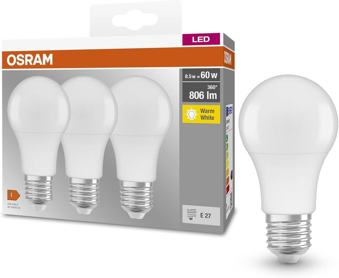 OSRAM Base Classic A 60 FR LED Bulb with E27 Socket, Bulb, Pack of 3, 8.5 W, 806 lm, 2700 K, Warm White Light, Lower Heat Generation, Very Low Energy Consumption, Long Life