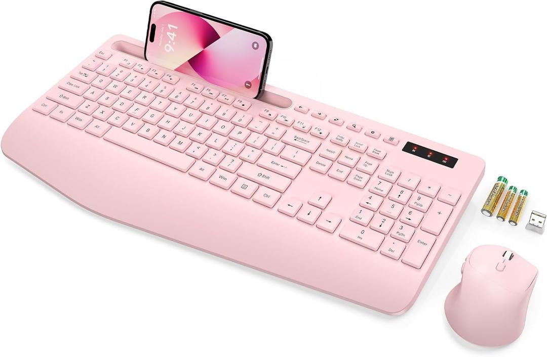 SABLUTE Wireless Keyboard and Mouse, Wrist Rest, Phone Holder, Batteries Included, 2.4G Lag-Free Ergonomic Keyboards Mouse Combo, Silent Keyboard Cordless Set for Computer, Laptop, PC, Windows, Pink (1 Pack)