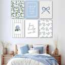 6 Pcs Blue Hydrangea Bow Canvas Wall Art How Lucky Are We Poster Prints Trendy Striped Coquette Paintings Pictures Sage Green Coastal Preppy Aesthetic Wall Decor for Girl Room Bedroom Living Room Office Dorm Apartment 12x16 Inch(Stretched Canvas On A Wooden Frame)