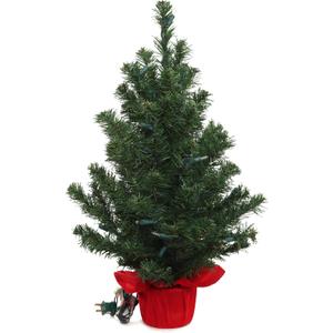 2' Pre-Lit Northern Spruce Christmas Tree with Red Cloth Base  Artificial Holiday Decoration for Home, Table & Mantel (Pack of 1)