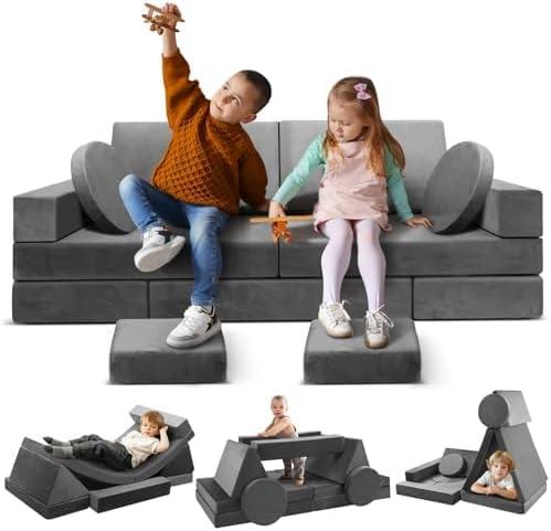 Modular Kids Play Couch 18pcs Toddler Floor Sofa, Sectional Couch for Children Bedroom and Playroom Furniture for Playing, Creativing, Convertible Foam and Floor Cushion for Boys and Girls (Myl-gray)