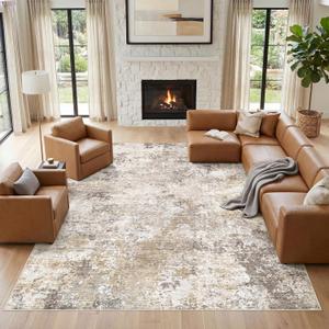 Nakagishi 10X14 Area Rugs for Living Room: Washable Modern Abstract Rug with Non-Slip Silicone Backing Low Pile Soft Carpet for Bedroom & Dining Decor Ideal for Families with Kids and Pets-Brown