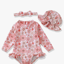Baby Girl Swimsuit Long Sleeve One-Piece Swimwear with Hat Rash Guard Ruffle Floral Zipper Beach Infant Bathing Suit Newborn