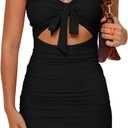 BORIFLORS Women's Sexy Bodycon Cut Out Ruched Backless Spaghetti Strap Mini Club Party Dresses (Black), XS