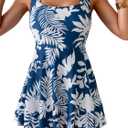 B2prity Women's One Piece Swimdress Swimsuit Tummy Control Swim Dress Modest Full Coverage Bathing Suit with Side Pocket (Medium, Navy Blue Print)