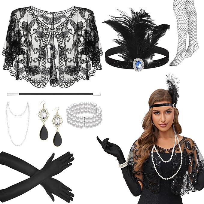 8 Pcs 1920s Accessories Set Womens Feather Headband Pearl Necklace Earrings Gloves Fringed Evening Cape Scarf