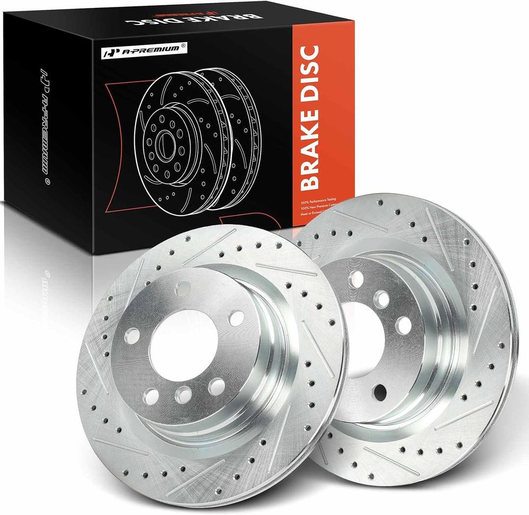 A-Premium 11.81 inch (300mm) Rear Drilled and Slotted Disc Brake Rotors Compatible with Select BMW Models - 320i, 320i xDrive, 328i, 328d, 428i, 228i, 228i xDrive, 230i, 230i xDrive, 2-PC Set