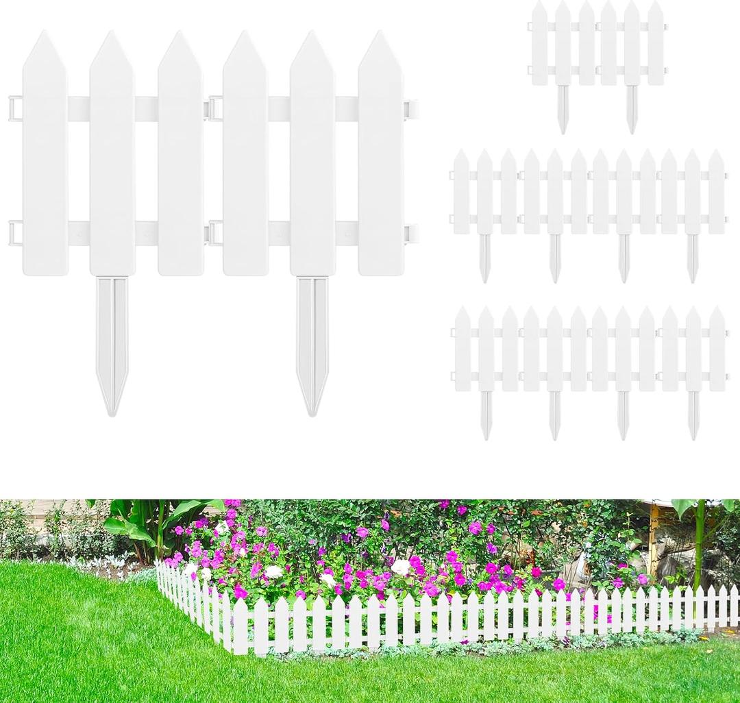 PLULON 24 Pieces Garden Fence with 24 Pieces Fence Insert White Plastic Fence Garden Picket Fence Edgings Lawn Flowerbeds Plant Borders Decorative Garden Yard