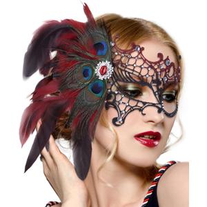 Zinniday Halloween Masquerade Masks for Women - 2026 Peacock Feather Lace Mask 1920s Venetian Eyemask for Party (Black Red)