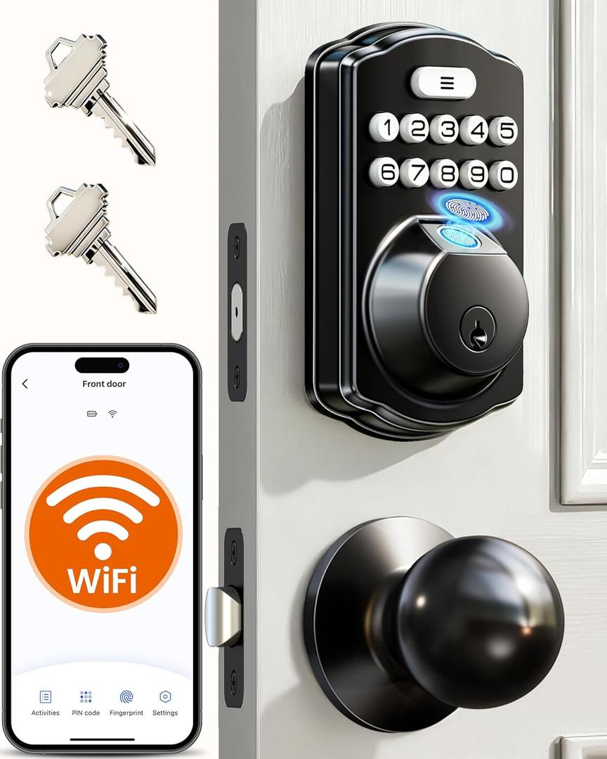 Veise VE012W-K Built-in WiFi Fingerprint Smart Lock with 2 Knobs, No Hub Needed, Remote APP Control, Keyless Entry Door Lock, Smart Deadbolt for Front Door, Auto Locking, Matte Black