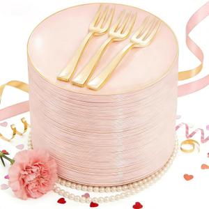 Festiva 200Pcs Pink Gold Cake Plates 6.3" with Forks 5"- Disposable Salad Plates-Pink Dessert Plates-Appetizer Plastic Plates - include 100Plates 100Forks for Party&Wedding&Easter&Mother's Day