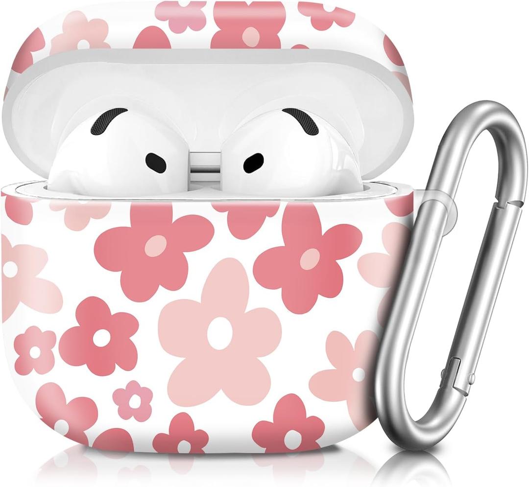 Compatible with AirPod 4th Generation 2024 Case, Shockproof Anti-Drop Protective Cover, Cute Case for Women Men with Keychain(Cute Pink Flower)