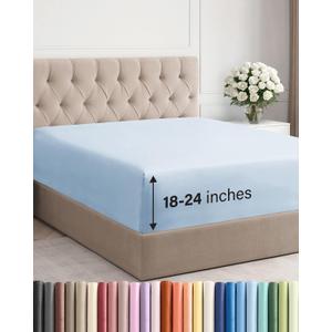 Extra Deep Queen Fitted Sheet - Hotel Luxury Single Fitted Sheet Only - Easily Fits 18 inch to 24 inch Mattress - Ultra Soft, Wrinkle & Fade Free w/Extra Deep Pockets - Breathable & Comfy - Sky Blue