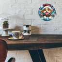 PEACHGARDEN Christmas Puppy Santa Hat Plaid Scarf Round Tin Sign Front Door Wreath Sign Wall Decoration Snowflakes Ornaments for Holiday Home Decor 8x8inch