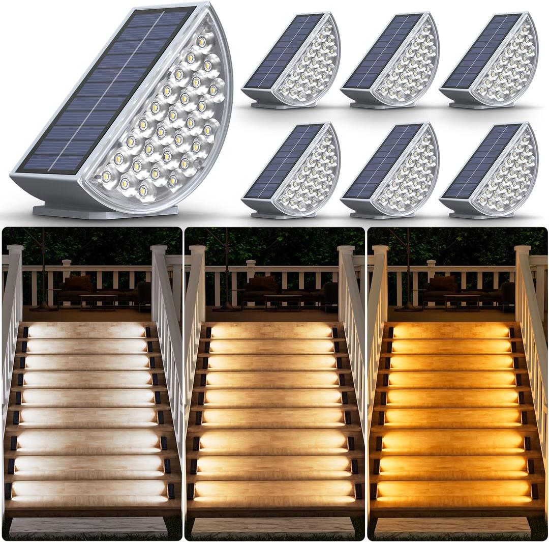 Solar Step Lights Outdoor,Upgrade 2700/4000/6000K 3 Mode LED 200 Lumuns IP67 Waterproof Solar Stair Lights,Auto On Off,Solar Motion Sensor Lights for Stair,Deck,Front Step,Porch,Patio and Pathway,Yard