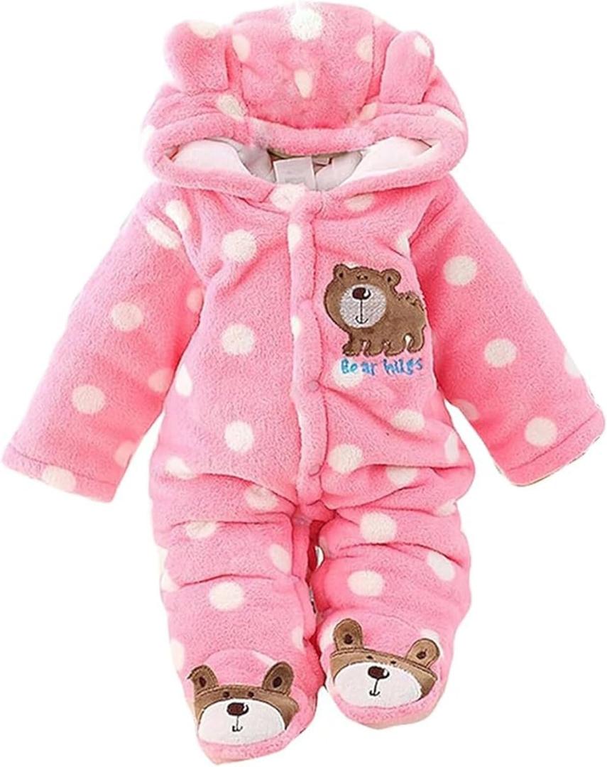 Baby Snowsuit Infant Winter Cozy Fleece Jumpsuit Cute Bear Hooded Footies Toddler Girls Boys Thicken Soft Outfit (3-6 Months)