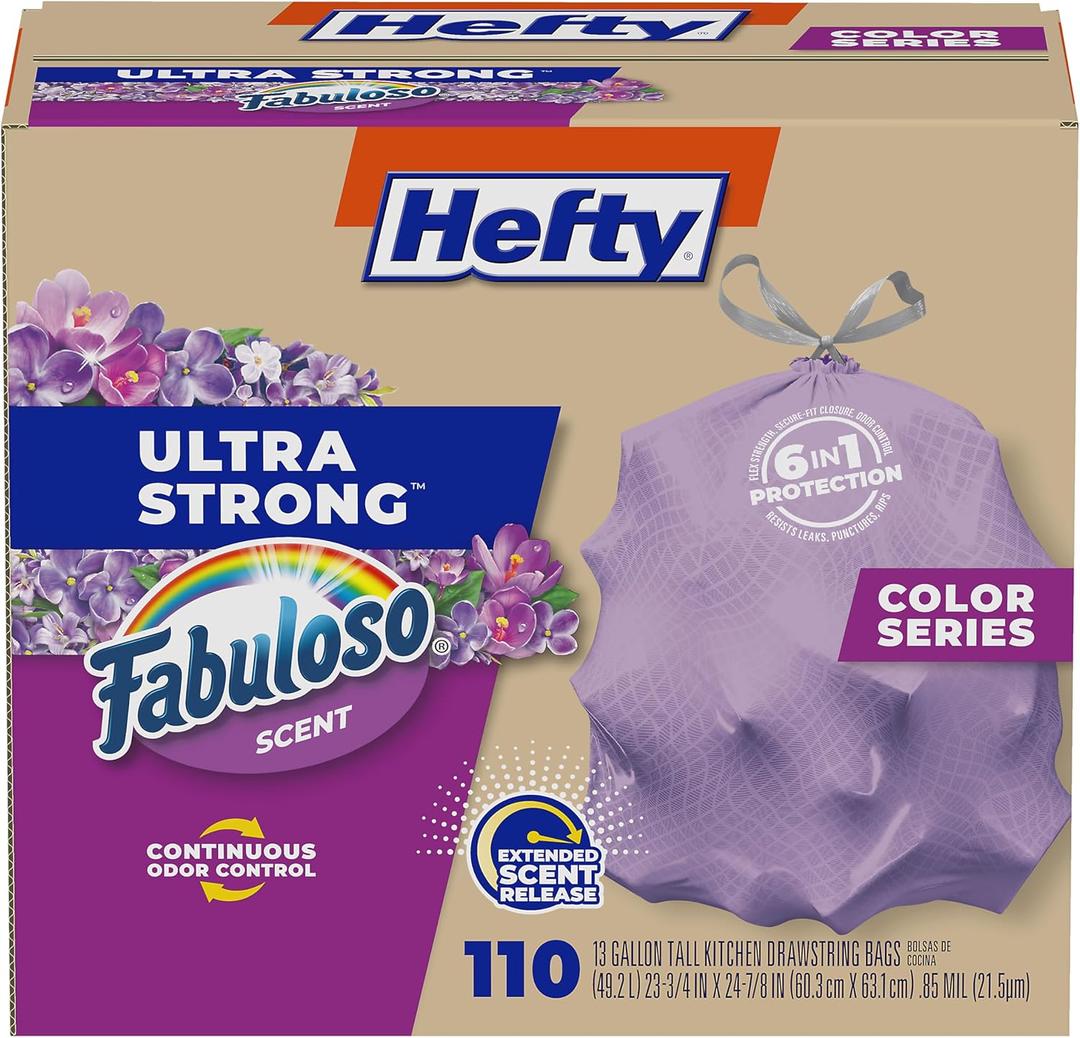 Hefty Ultra Strong 13 Gallon Trash Bags, Tall Kitchen Trash Bags 13 Gallon Size, Resist Leaks, Punctures, and Rips, Continuous Odor Control, Purple, Fabuloso Scent, 110 Bags