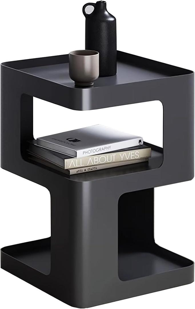 Modern Metal Side Table with Storage,Small End Table for Sofa & Couch,3-Tier Compact Nightstand for Small Spaces,Black Bedside Tables for Living Room & Bedroom,No Assembly Required