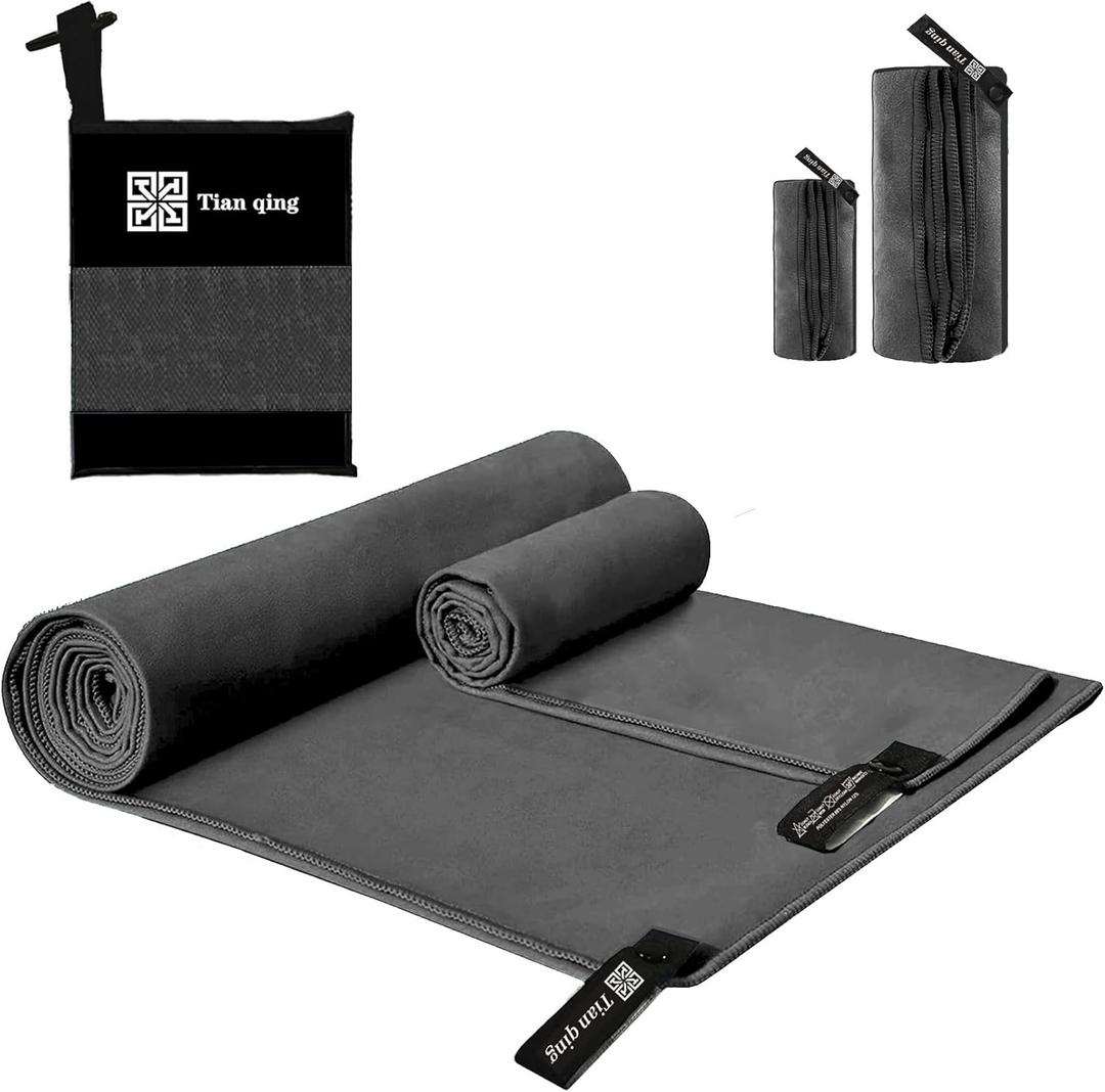 Tian qing Microfiber Towel Set, 2 Piece, Fast Drying, Soft Touch, Lightweight, Multiple Sizes for Beach, Camping,Gym, Hiking,Pool,YogaTravel (Dark Gray, Medium)