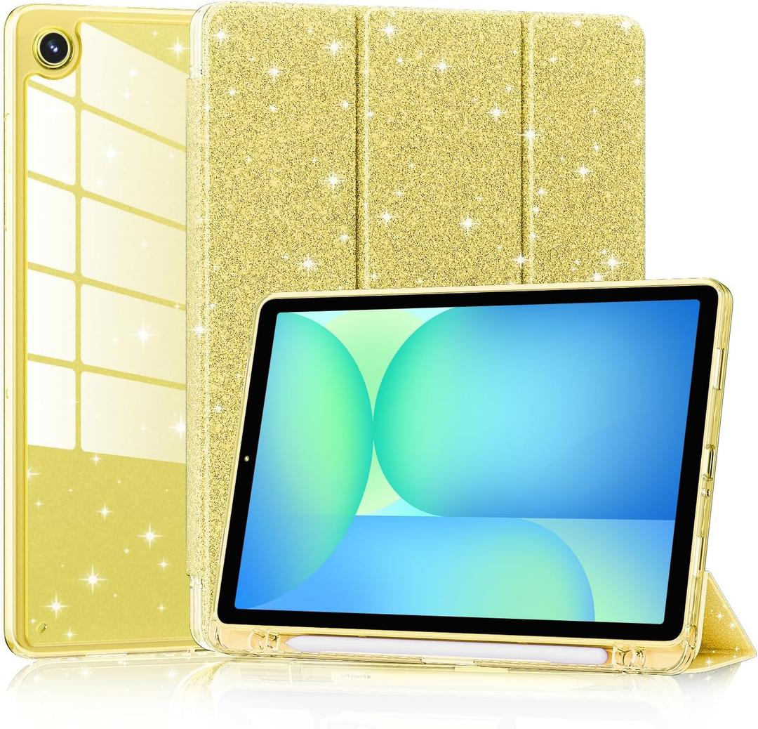 Lainergie Case for Samsung Galaxy Tab A11+/A9+ Plus 11 Inch 2025/2023, Cute Glittering Sparkly Shockproof Cover with Sparkly Crystal Clear Back and Pencil Holder for Galaxy Tab A11+/A9+, Blue, Yellow