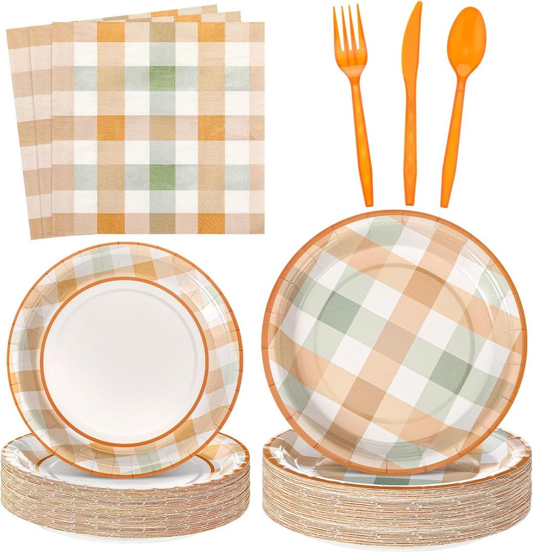 Yungyan 24 Set Thanksgiving Fall Plaid Paper Plates Napkins with Forks and Knives Party Supplies for Guests, Disposable Friendsgiving Turkey Autumn Dessert Dinnerware Buffalo Check Table Decorations
