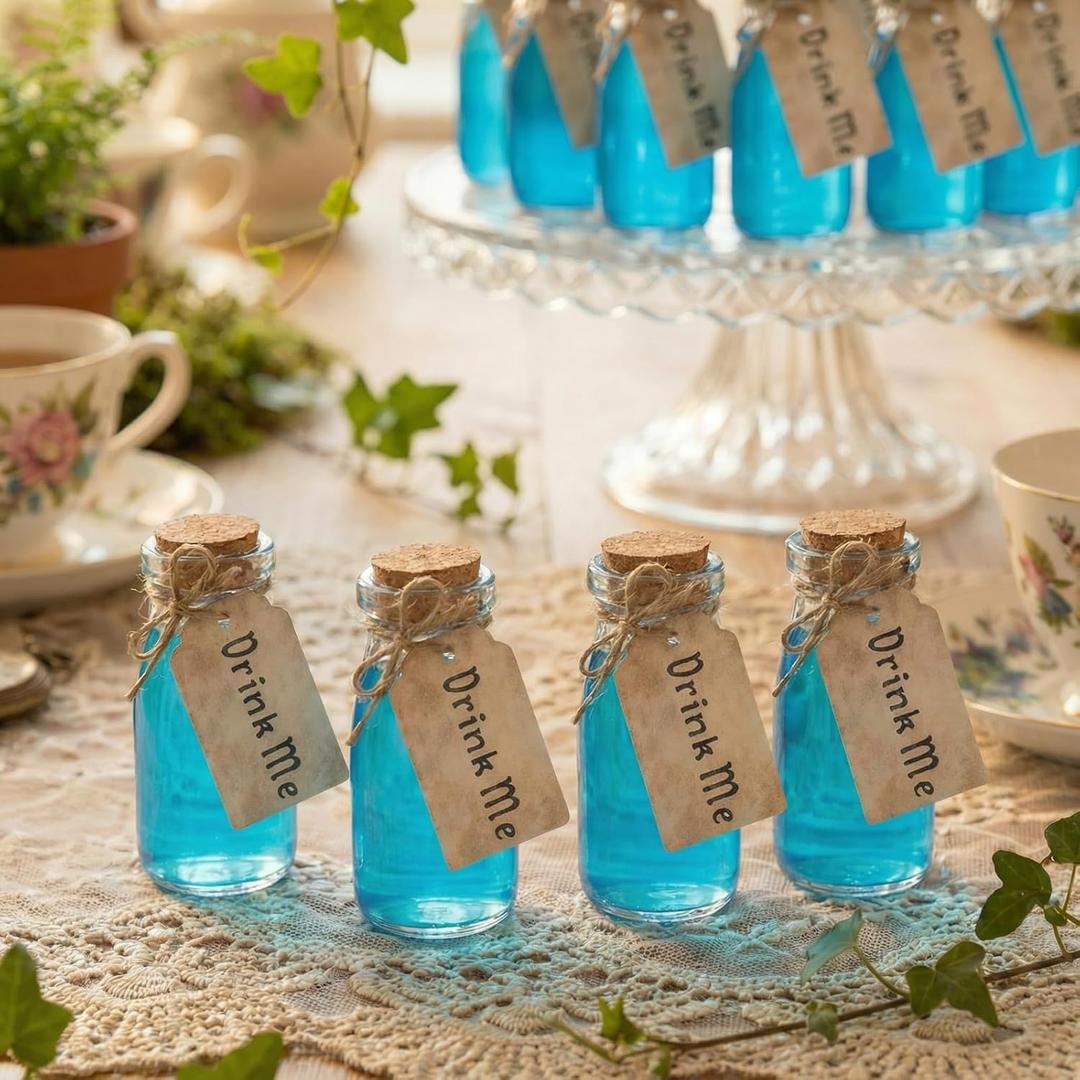 24 Set Wonderland Tea Party Favors Small Glass Bottle Mini Potion Bottle with Cork Drink Tag Jute Twine Spell Jar for Wonderland Decor Tea Party Supplies Wedding Birthday Baby Shower Table Decor