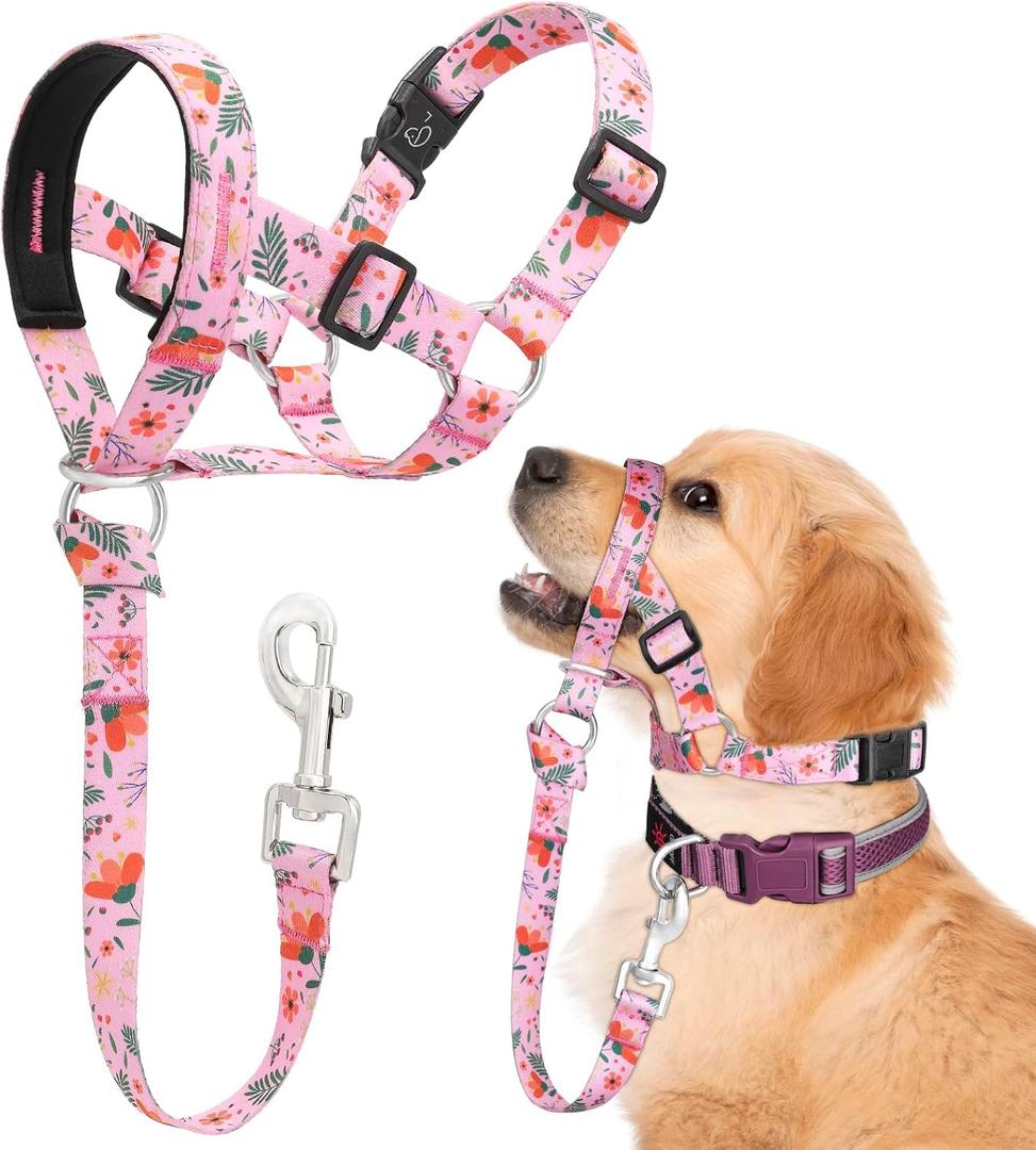 Dog Head Collar, Printed No-Pull Headcollar, Adjustable Dog Head Halter Gentle Lead with Safety Link, 3 Colors Muzzle Leash for Dogs Easy Walks (Small, Mimosa)