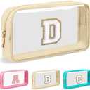 Personalized Initial Letter Clear Makeup Bag,Preppy Small Nylon&PVC Cosmetic Zipper Bag with Chenille Letter,Portable Beach Travel Skincare Toiletry Bag,Trendy Monogram Gift for Teen Girls Women,D