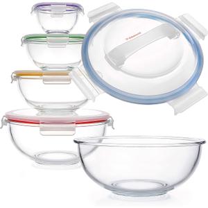 Set of 5 Stackable Space-Saving Nesting Glass Bowls with BPA Free Lids for Foodprep, Storage, Baking, Mixing & Cooking, Microwave Safe - Durable Inert Borosilicate Glass