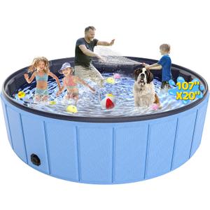 Extra Large Foldable Dog Pool 107x20, EPN Heavy Duty Hard PVC Collapsible Dog Pool for Large Dogs and Kids, Leakproof Non-Slip Pet Wading & Bathing Tub with Drain, for Indoor & Outdoor Use