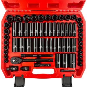 64pcs 3/8" Socket Set,Drive Impact Socket Set, SAE/Metric, Deep & Shallow, Cr-V Steel, 6 Point with Adapters, 72T Ratchet Handle, Extension BarsBit Adapter6-24mm5/16-1 inch