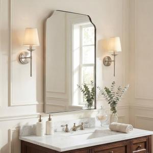 ANDY STAR 24”x36” Brushed Nickel Scalloped Wall Mirror, Transitional Rectangular Silver Bathroom Mirror for Vanity, Solid Stainless Steel 1-Inch Deep Frame for Double Vanity & Entryway