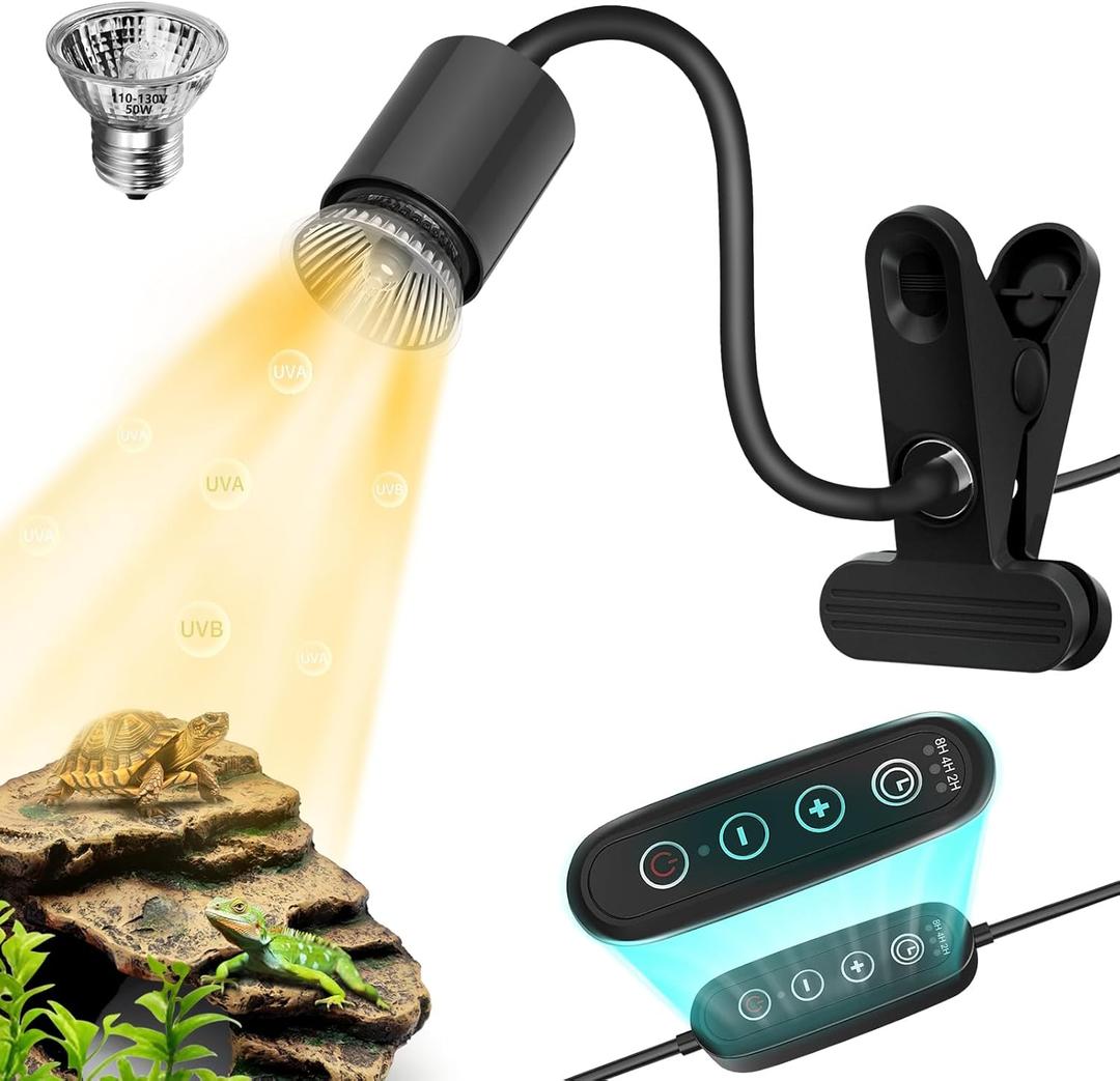 GOZILLA Reptile Heat Lamp, Turtle Light with Timing & Dimming Cycle Timer, Basking Turtle Lamp with 50W UVA/ UVB Reptile Light Bulb, Goose-Neck Rotation for Amphibian and Reptiles Tanks, Terrariums (Black)