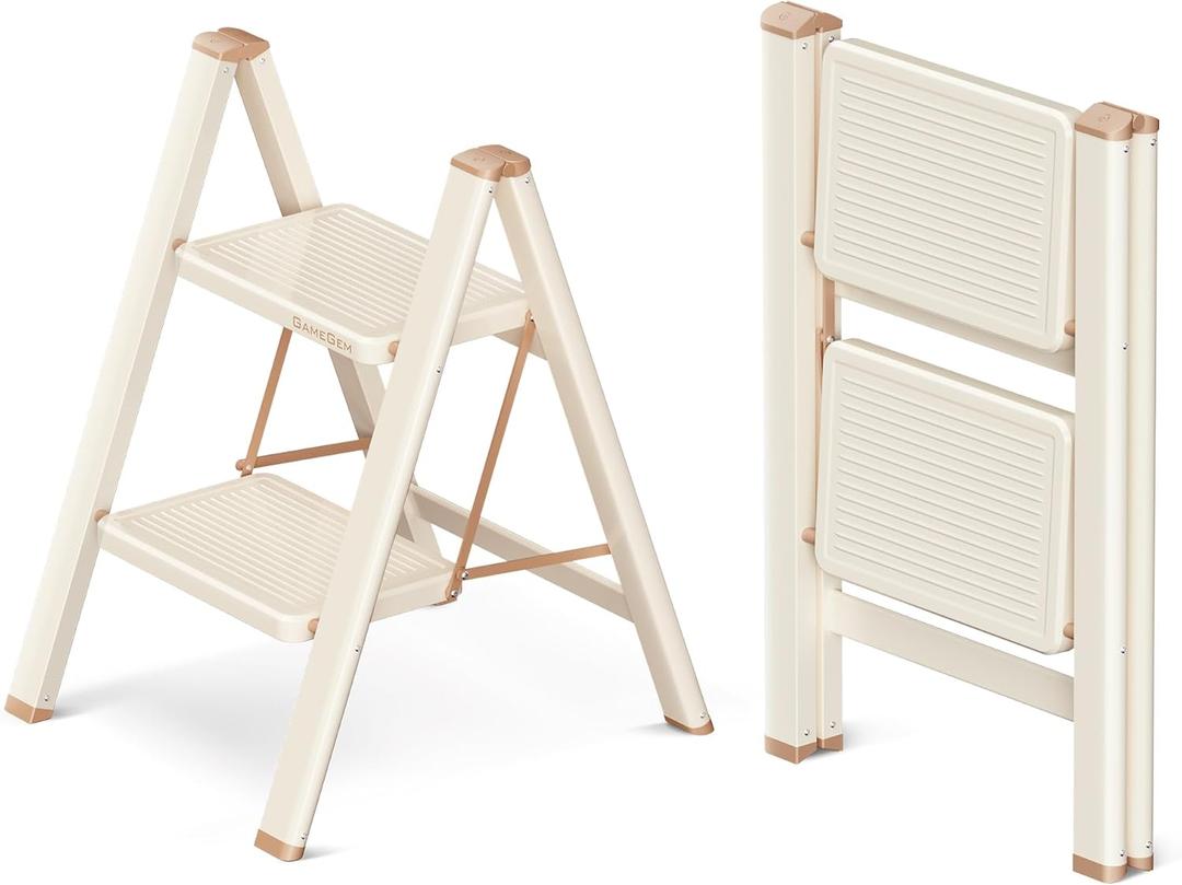 2 Step Ladder Folding Step Stool with Wide Anti-Slip Pedal, 330LBS Capacity, Lightweight Portable Stepladder for Home and Kitchen Use, Cream Chocolate