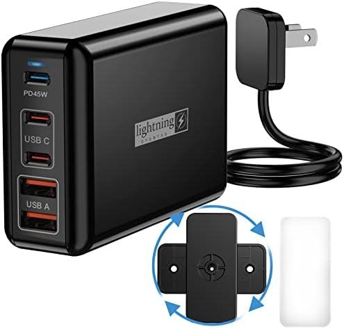 Fast Charger USB C 100W, 5 Ports Charging Blocks Ultra Thin Flat Plug, USB Charging Hub with 360° Rotated Adhesive Punch-Free Holder, Charging Station for Laptops, Tablets, Cellphones Stuff