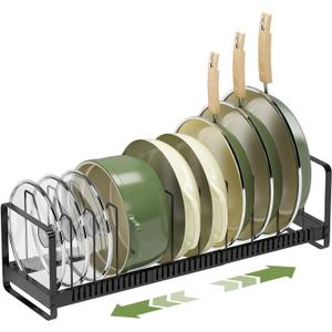 MUDEELA Pot Rack Pan Organizer inside Cabinet - Expandable Pot Lid Organizer for Cabinet with 12 Adjustable Dividers, Cutting Board Organizer Holder Baking Rack Kitchen Cabinet Storage Organization