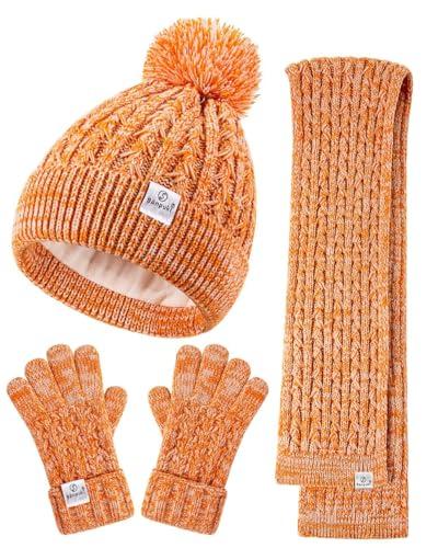 Kids Winter Hat Gloves Scarf Set, Girls Toddler Winter Hat Beanies with Pom Neck Warmer Gaiter Mittens Fleece Lined Set Christmas Gift for Kids (Orange Mix）