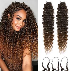 Feather Crochet Hair Extensions for Women 18 Inch 100 Strands Micro Knots Hair Pre-Separated Invisible Human Hair Blend Synthetic Curly Deep Wave Crochet Hair(100strands Black to Blonde)