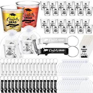 Yungyan 50 Sets Graduation Party Favors for Guests 2026 Congrats Grad 2.87oz Shot Glasses Aluminum Bottle Opener Keychain Thank You Cards Bulk for Graduation Party Guests Souvenirs (Black and Silver)