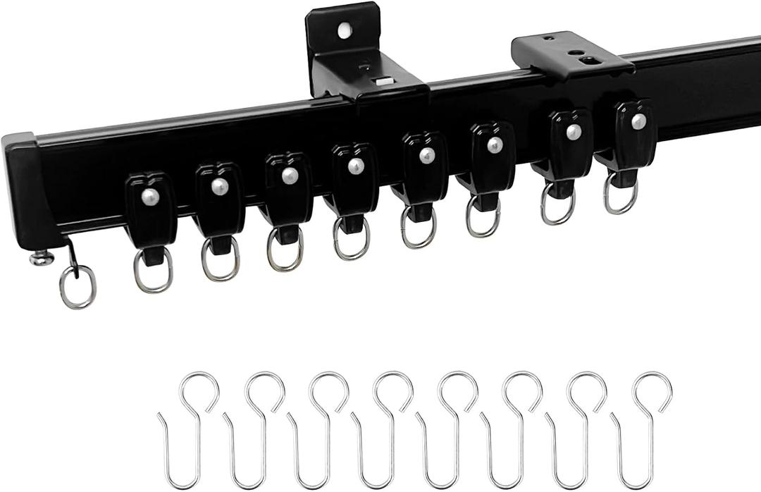 Aluminum Ceiling Curtain Track Set with Hooks Ceiling Mount and Wall Mount Room Divider Sliding Curtain Tracks Rods Flexible Heavy Duty Curtain Rail Hook Sets, Black, 24FT