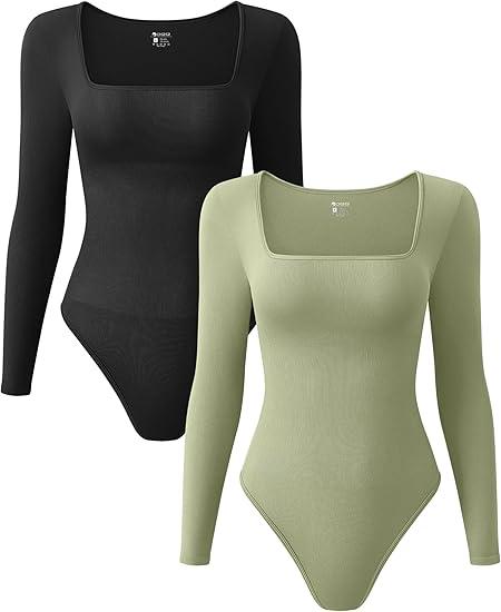 OQQ Women's 2pcs Bodysuits Sexy Ribber One Piece square Neck Long Sleeve Tops, Medium, Green And Black